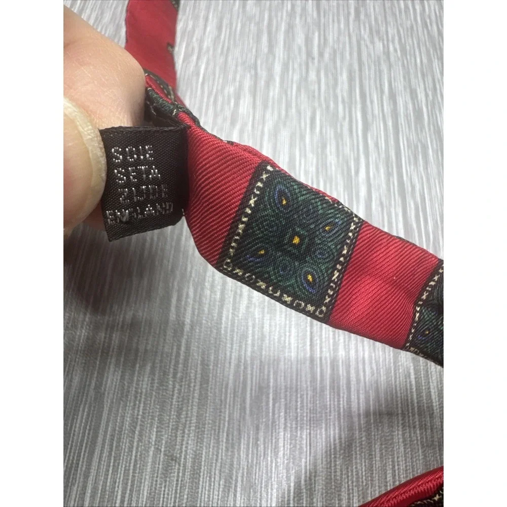 Liberty of London Red Silk Self Tie Bow Tie Geometric Square Pattern‎ England